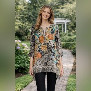Johnny Was Sunlight Habitai Printed Tunic Top Blouse Multicolor Button Up Small